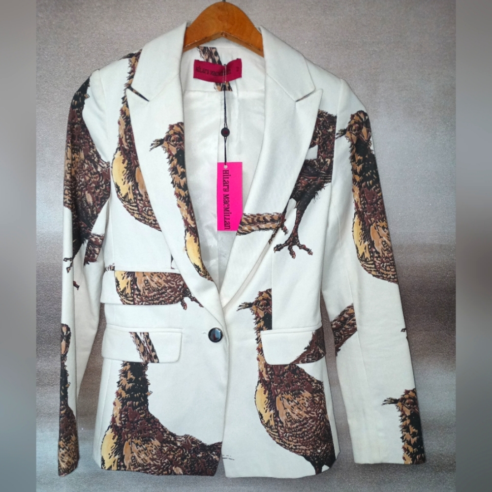 Bird Print Blazer in Cream and Brown